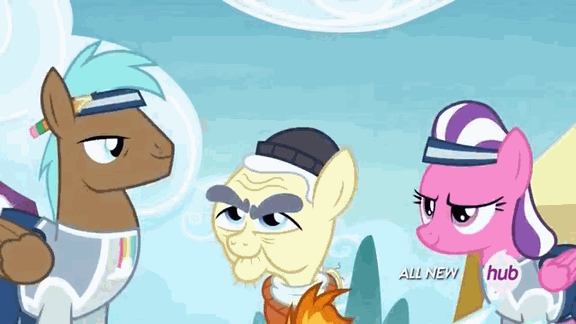 Size: 576x324 | Tagged: safe, screencap, character:fleetfoot, character:rainbow dash, character:spitfire, species:pegasus, species:pony, episode:rainbow falls, g4, my little pony: friendship is magic, abradacanter, animated, aviator goggles, background pony, female, goggles, haymaker, hub logo, hubble, male, mare, stallion, the hub, unnamed pony, wing hands, wing-ups