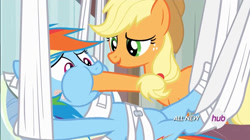 Size: 1280x717 | Tagged: safe, screencap, character:applejack, character:rainbow dash, episode:rainbow falls, g4, my little pony: friendship is magic, bandage, feederjack, force feeding, hoof in mouth, hoofjack, on back, open mouth, out of context, puffy cheeks, raised eyebrow, smiling, wide eyes