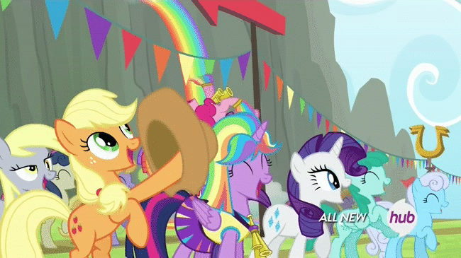 Size: 650x365 | Tagged: safe, screencap, character:applejack, character:bon bon, character:derpy hooves, character:drizzle, character:linky, character:pinkie pie, character:rarity, character:shoeshine, character:spring melody, character:sprinkle medley, character:sweetie drops, character:twilight sparkle, character:twilight sparkle (alicorn), species:alicorn, species:pony, episode:rainbow falls, g4, my little pony: friendship is magic, all new, animated, background pony, cheerleader, cheerleader pinkie, cheerleader sparkle, clothing, female, hoofy-kicks, mare, raincloud, skirt, text