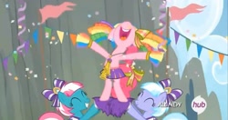 Size: 1908x1006 | Tagged: safe, screencap, character:lilac sky, character:pinkie pie, character:spring step, character:sunlight spring, episode:rainbow falls, g4, my little pony: friendship is magic, all new, cheerleader, cheerleader pinkie, clothing, confetti, skirt, text