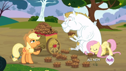 Size: 1440x810 | Tagged: safe, screencap, character:applejack, character:bulk biceps, character:fluttershy, species:earth pony, species:pegasus, species:pony, episode:rainbow falls, g4, my little pony: friendship is magic, all new, apple brown betty (food), apple cart, aweeg*, cart, ear piercing, earring, eating, female, food, hub logo, jewelry, male, mare, piercing, stallion, text, trio, vein