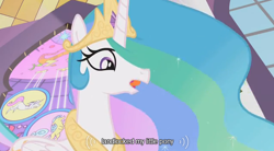 Size: 638x352 | Tagged: safe, screencap, character:princess celestia, episode:the return of harmony, g4, my little pony: friendship is magic, stained glass, youtube caption