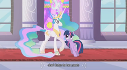 Size: 640x356 | Tagged: safe, screencap, character:princess celestia, character:twilight sparkle, episode:the return of harmony, g4, my little pony: friendship is magic, stained glass, youtube caption