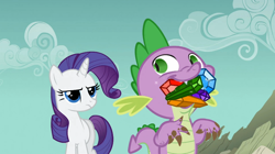 Size: 1054x592 | Tagged: safe, screencap, character:rarity, character:spike, episode:a dog and pony show, g4, my little pony: friendship is magic, gem, gentlemen