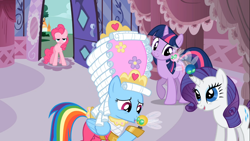 Size: 1366x768 | Tagged: safe, screencap, character:pinkie pie, character:rainbow dash, character:rarity, character:twilight sparkle, episode:swarm of the century, g4, my little pony: friendship is magic, clothing, dashie antoinette, giant hat, hat, marie antoinette, parasprite, powdered wig