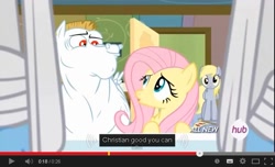 Size: 639x389 | Tagged: safe, screencap, character:bulk biceps, character:derpy hooves, character:fluttershy, species:pegasus, species:pony, christianity, female, mare, meme, religion, youtube caption