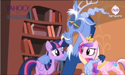 Size: 1209x723 | Tagged: safe, screencap, character:discord, character:princess cadance, character:twilight sparkle, character:twilight sparkle (alicorn), species:alicorn, species:pony, episode:three's a crowd, g4, my little pony: friendship is magic, blue flu, female, hub logo, hubble, mare, now kiss, out of context