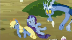 Size: 483x271 | Tagged: safe, screencap, character:applejack, character:discord, character:rarity, episode:three's a crowd, g4, my little pony: friendship is magic, blue flu