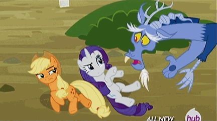 Size: 432x242 | Tagged: safe, screencap, character:applejack, character:discord, character:rarity, episode:three's a crowd, g4, my little pony: friendship is magic, animated, blue flu, hub logo, hubble, sneezing, the hub