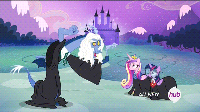 Size: 640x360 | Tagged: safe, screencap, character:discord, character:princess cadance, character:twilight sparkle, character:twilight sparkle (alicorn), species:alicorn, species:pony, episode:three's a crowd, g4, my little pony: friendship is magic, animated, blue flu, clothing, female, harry potter, mare, twily trotter