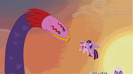 Size: 432x242 | Tagged: safe, screencap, character:princess cadance, character:twilight sparkle, character:twilight sparkle (alicorn), species:alicorn, species:pony, episode:three's a crowd, g4, my little pony: friendship is magic, animated, female, flying, hub logo, hubble, mare, screaming, tatzlwurm, tentacles, the hub