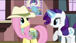 Size: 1920x1080 | Tagged: safe, screencap, character:fluttershy, character:rarity, character:star swirl the bearded, episode:three's a crowd, g4, my little pony: friendship is magic, bandana, clothing, explorer outfit, fedora, hat, magic, saddle bag