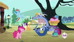 Size: 1280x720 | Tagged: safe, screencap, character:applejack, character:discord, character:pinkie pie, character:rainbow dash, character:rarity, episode:three's a crowd, g4, my little pony: friendship is magic, blue flu, hub logo, hubble, sneezing, spit, the hub
