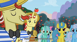 Size: 638x354 | Tagged: safe, screencap, character:bon bon, character:flam, character:flim, character:lemon hearts, character:linky, character:lyra heartstrings, character:sassaflash, character:shoeshine, character:sweetie drops, episode:the super speedy cider squeezy 6000, g4, my little pony: friendship is magic, dreamworks face, flim flam brothers, youtube caption