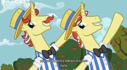 Size: 638x356 | Tagged: safe, screencap, character:flam, character:flim, species:pony, episode:the super speedy cider squeezy 6000, g4, my little pony: friendship is magic, bipedal, flim flam brothers, grin, police, smiling, youtube caption