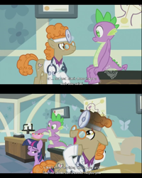 Size: 640x800 | Tagged: safe, screencap, character:doctor muffin top, character:spike, character:twilight sparkle, episode:secret of my excess, g4, my little pony: friendship is magic, david bowie, hippocrates, horse md, hub logo, salad, teenage spike, youtube caption
