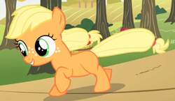 Size: 508x295 | Tagged: safe, screencap, character:applejack, species:earth pony, species:pony, episode:the cutie mark chronicles, g4, my little pony: friendship is magic, cute, female, filly, foal, jackabetes, outfit catalog, running, smiling, solo, tree, younger