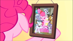 Size: 810x456 | Tagged: safe, screencap, character:cloudy quartz, character:igneous rock pie, character:limestone pie, character:marble pie, character:maud pie, character:pinkie pie, episode:pinkie pride, g4, my little pony: friendship is magic, balloon, picture, pie family, pie sisters, quartzrock