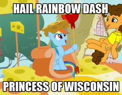 Size: 925x720 | Tagged: safe, screencap, character:cheese sandwich, character:rainbow dash, episode:pinkie pride, g4, my little pony: friendship is magic, caption, cheese, cheese hat, cheese scepter, cheesehead, clothing, hat, image macro, meme, open mouth, ponyville, princess, princess rainbow dash, sitting, smiling, throne, tree, weird al yankovic, wisconsin