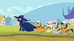 Size: 1366x768 | Tagged: safe, screencap, character:ambrosia, character:mare do well, species:earth pony, species:pony, episode:the mysterious mare do well, g4, my little pony: friendship is magic, construction pony, female, hard hat, hat, jack hammer, male, mare, rivet, safety vest, stallion