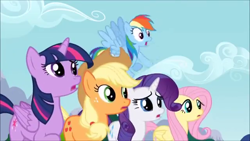 Size: 640x360 | Tagged: safe, screencap, character:applejack, character:fluttershy, character:rainbow dash, character:rarity, character:twilight sparkle, character:twilight sparkle (alicorn), species:alicorn, species:pony, episode:pinkie pride, g4, my little pony: friendship is magic, concerned, female, mare, sad