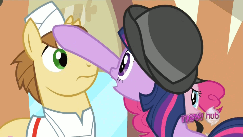 Size: 960x540 | Tagged: safe, screencap, character:donut joe, character:pinkie pie, character:twilight sparkle, episode:mmmystery on the friendship express, g4, my little pony: friendship is magic, animated, cute, floppy ears, frown, hub logo, petting, talking
