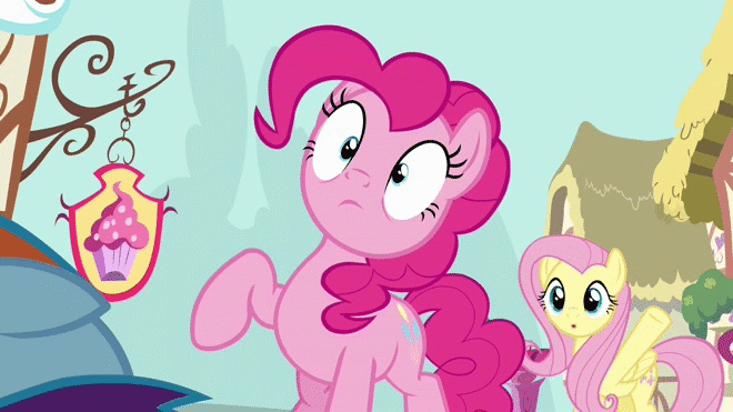 Size: 660x371 | Tagged: safe, screencap, character:fluttershy, character:pinkie pie, character:rainbow dash, episode:pinkie pride, g4, my little pony: friendship is magic, angry, animated, faec, looking at you, nose wrinkle