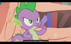 Size: 640x400 | Tagged: safe, screencap, character:spike, episode:owl's well that ends well, g4, my little pony: friendship is magic, ei, hub logo, youtube caption