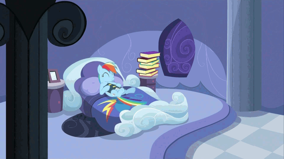 Size: 960x540 | Tagged: safe, screencap, character:rainbow dash, species:pegasus, species:pony, episode:read it and weep, g4, my little pony: friendship is magic, animated, bed, bedroom, book, cinemagraph, cute, dashabetes, eyes closed, female, gif, hoofy-kicks, leg wiggle, loop, mare, reading