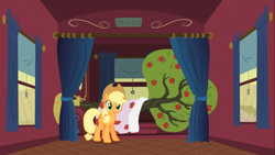 Size: 1366x768 | Tagged: safe, screencap, character:applejack, character:bloomberg, episode:over a barrel, g4, my little pony: friendship is magic, solo, tree