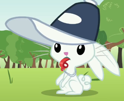 Size: 432x355 | Tagged: safe, screencap, character:angel bunny, species:rabbit, episode:hurricane fluttershy, g4, my little pony: friendship is magic, angelbetes, blowing, clothing, coach, cropped, cute, hat, mouth hold, rainbow dashs coaching whistle, solo, trainer, training, training montage, whistle