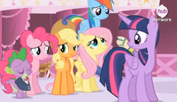 Size: 601x349 | Tagged: safe, screencap, character:applejack, character:fluttershy, character:pinkie pie, character:rainbow dash, character:spike, character:twilight sparkle, character:twilight sparkle (alicorn), species:alicorn, species:pony, episode:simple ways, g4, my little pony: friendship is magic, female, mare
