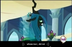 Size: 636x415 | Tagged: safe, screencap, character:queen chrysalis, species:changeling, changeling queen, female, frown, hub logo, looking back, needs more jpeg, smiling, solo, standing, youtube caption