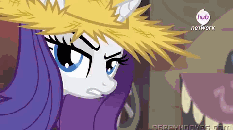 Size: 480x268 | Tagged: safe, screencap, character:rarity, species:pony, episode:simple ways, g4, my little pony: friendship is magic, animated, clothing, droopy drawers, female, hat, hub logo, hubble, mare, overalls, plot, rarihick, solo, straw hat, the hub