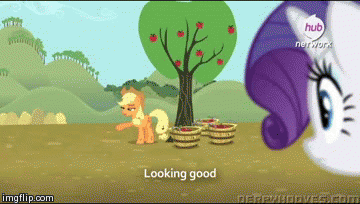 Size: 360x204 | Tagged: safe, screencap, character:applejack, character:rarity, character:trenderhoof, episode:simple ways, g4, my little pony: friendship is magic, animated, background pony rarity, basket, bushel basket, exploitable meme, get out of the way rarity, meme, subtitles