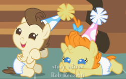 Size: 530x331 | Tagged: safe, screencap, character:pound cake, character:pumpkin cake, species:pony, episode:baby cakes, g4, my little pony: friendship is magic, babies, baby eyes, baby ponies, cake twins, colt, cute, cute eyes, diabetes, diaper, diapered, diapered colt, diapered filly, diapered foals, female, filly, male, one month old colt, one month old filly, one month old foals, oopsie daisy, party hats, prone, siblings, twins, white diapers