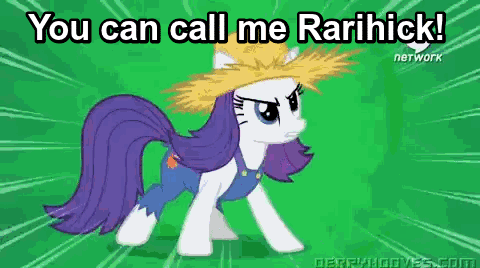 Size: 480x268 | Tagged: safe, screencap, character:rarity, episode:simple ways, g4, my little pony: friendship is magic, animated, clothing, derp, faec, farmfilly, hat, hub logo, hubble, image macro, overalls, rarihick, solo, straw hat, the hub