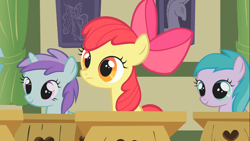 Size: 1366x768 | Tagged: safe, screencap, character:apple bloom, character:liza doolots, character:petunia, character:princess celestia, character:tootsie flute, episode:call of the cutie, g4, my little pony: friendship is magic, classroom, ponyville schoolhouse
