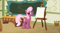 Size: 1366x768 | Tagged: safe, screencap, character:cheerilee, episode:call of the cutie, g4, my little pony: friendship is magic, book, chalkboard, classroom, clipboard, lidded eyes, ponyville schoolhouse, solo