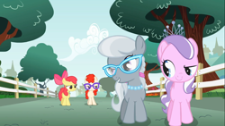 Size: 1366x768 | Tagged: safe, screencap, character:apple bloom, character:diamond tiara, character:silver spoon, character:twist, species:earth pony, species:pony, episode:call of the cutie, g4, my little pony: friendship is magic, apple bloom is not amused, bow, brat, bully, bullying, evil grin, female, filly, foal, glasses, grin, hair bow, jewelry, narrowed eyes, necklace, pearl necklace, raised eyebrow, smiling, smirk, tiara, unamused, upset, walking