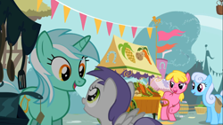 Size: 1366x768 | Tagged: safe, screencap, character:cherry berry, character:linky, character:lyra heartstrings, character:shoeshine, character:tornado bolt, species:pony, episode:call of the cutie, g4, my little pony: friendship is magic, background pony, raincloud