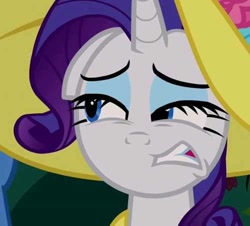 Size: 500x452 | Tagged: safe, screencap, character:rarity, species:pony, species:unicorn, episode:sweet and elite, g4, my little pony: friendship is magic, canterlot, clothing, cropped, disgusted, dress, eww, excalibur face, eyeshadow, female, funny face, hat, makeup, mare, season 2, solo, teeth