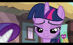 Size: 1680x1050 | Tagged: safe, screencap, character:rarity, character:twilight sparkle, character:twilight sparkle (alicorn), species:alicorn, species:pony, episode:simple ways, g4, my little pony: friendship is magic, female, hub logo, lidded eyes, mare