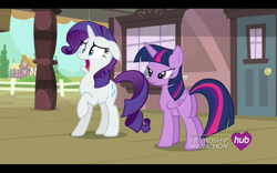 Size: 1680x1050 | Tagged: safe, screencap, character:rarity, character:twilight sparkle, character:twilight sparkle (alicorn), species:alicorn, species:pony, episode:simple ways, g4, my little pony: friendship is magic, female, hub logo, mare, shock, train station