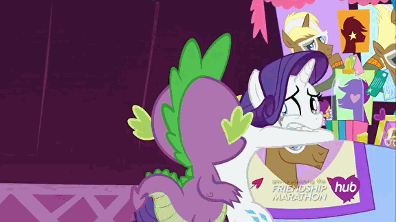 Size: 576x324 | Tagged: safe, screencap, character:rarity, character:spike, character:trenderhoof, species:pony, episode:simple ways, g4, my little pony: friendship is magic, animated, bipedal, fanfilly, hub logo, hubble, marshmelodrama, the hub
