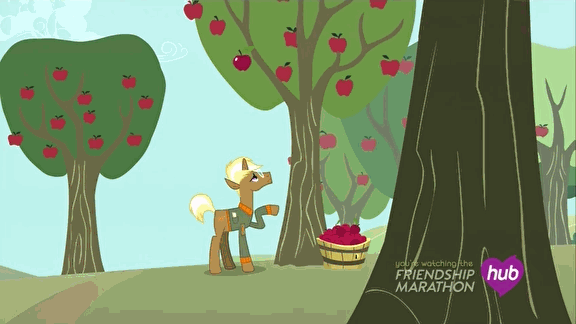 Size: 576x324 | Tagged: safe, screencap, character:applejack, character:trenderhoof, episode:simple ways, g4, my little pony: friendship is magic, animated, apple, bucket, hiding, horn impalement, hub logo, hubble, impalement, sneaking, the hub