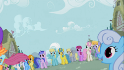 Size: 1366x768 | Tagged: safe, screencap, character:berry punch, character:berryshine, character:carrot top, character:cloud kicker, character:daisy, character:derpy hooves, character:golden harvest, character:lemon hearts, character:linky, character:minuette, character:sassaflash, character:sea swirl, character:shoeshine, character:twinkleshine, character:white lightning, species:pegasus, species:pony, episode:the show stoppers, g4, my little pony: friendship is magic, female, mare, scootaloo's tail