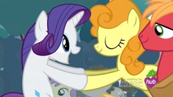 Size: 1440x810 | Tagged: safe, screencap, character:big mcintosh, character:carrot top, character:golden harvest, character:rarity, species:earth pony, species:pony, episode:simple ways, g4, my little pony: friendship is magic, excited, happy, male, stallion