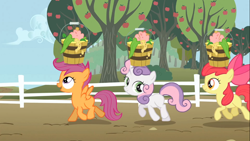 Size: 1366x768 | Tagged: safe, screencap, character:apple bloom, character:scootaloo, character:sweetie belle, species:pegasus, species:pony, episode:the show stoppers, g4, my little pony: friendship is magic, apple tree, bucket, cutie mark crusaders, head carry, looking at you, tree, trio