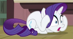 Size: 735x393 | Tagged: safe, screencap, character:rarity, episode:simple ways, g4, my little pony: friendship is magic, marshmelodrama, open mouth, panic, prone, scared, solo, wide eyes